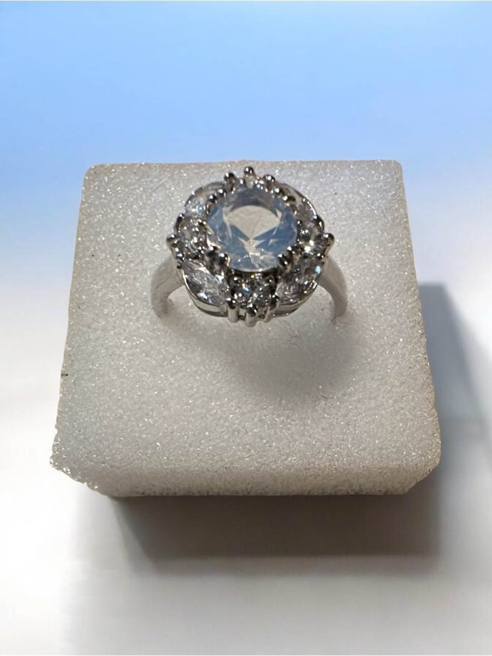 Classic Silver-Tone Halo Cocktail Ring with Clear Center Stone